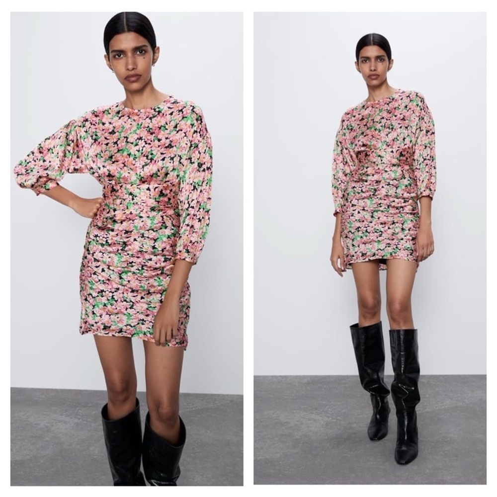Zara Small Pink Floral Print Bodycon Ruched Mini Dress Tie Waist Coquette Garden